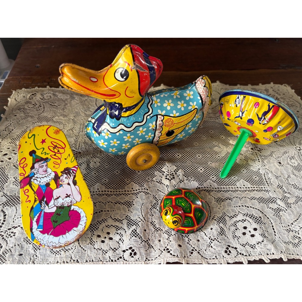 Tin Toys Wind Up Duck Turtle Party NO KEY Lot of 4 Parts or Decor READ Vintage - Picture 16 of 16